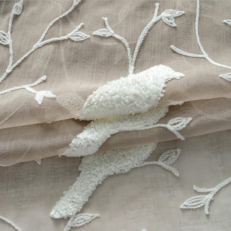 VOGOL Sheer Curtains 84 Inches Long, White Bird Embroidered Taupe Sheer Curtains Window Treatments for Living Room/Ding Room, Rod Pocket, W54 X L84, 2 Panels - Image 4